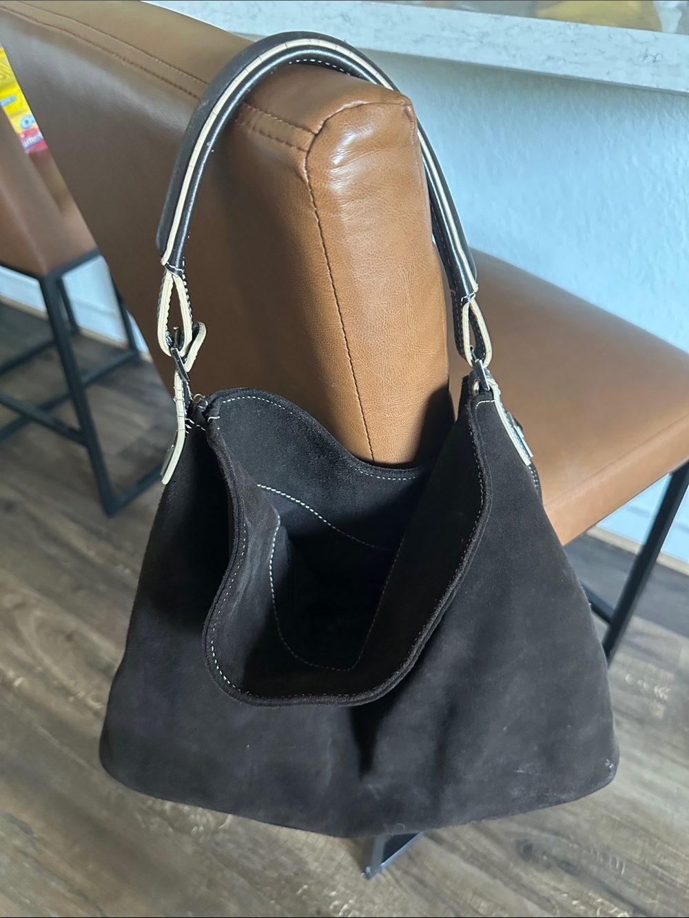 The Limited Dark Brown Suede Shoulder Bag with Contrast Trim